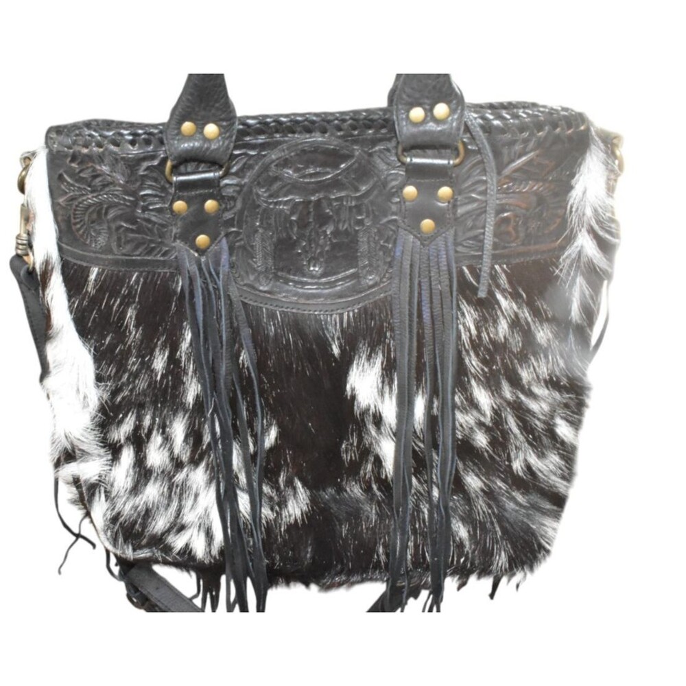 Kobler Furry Cowhide Fringed Bag Black White Tooled Leather Crossbody - Picture 3 of 12